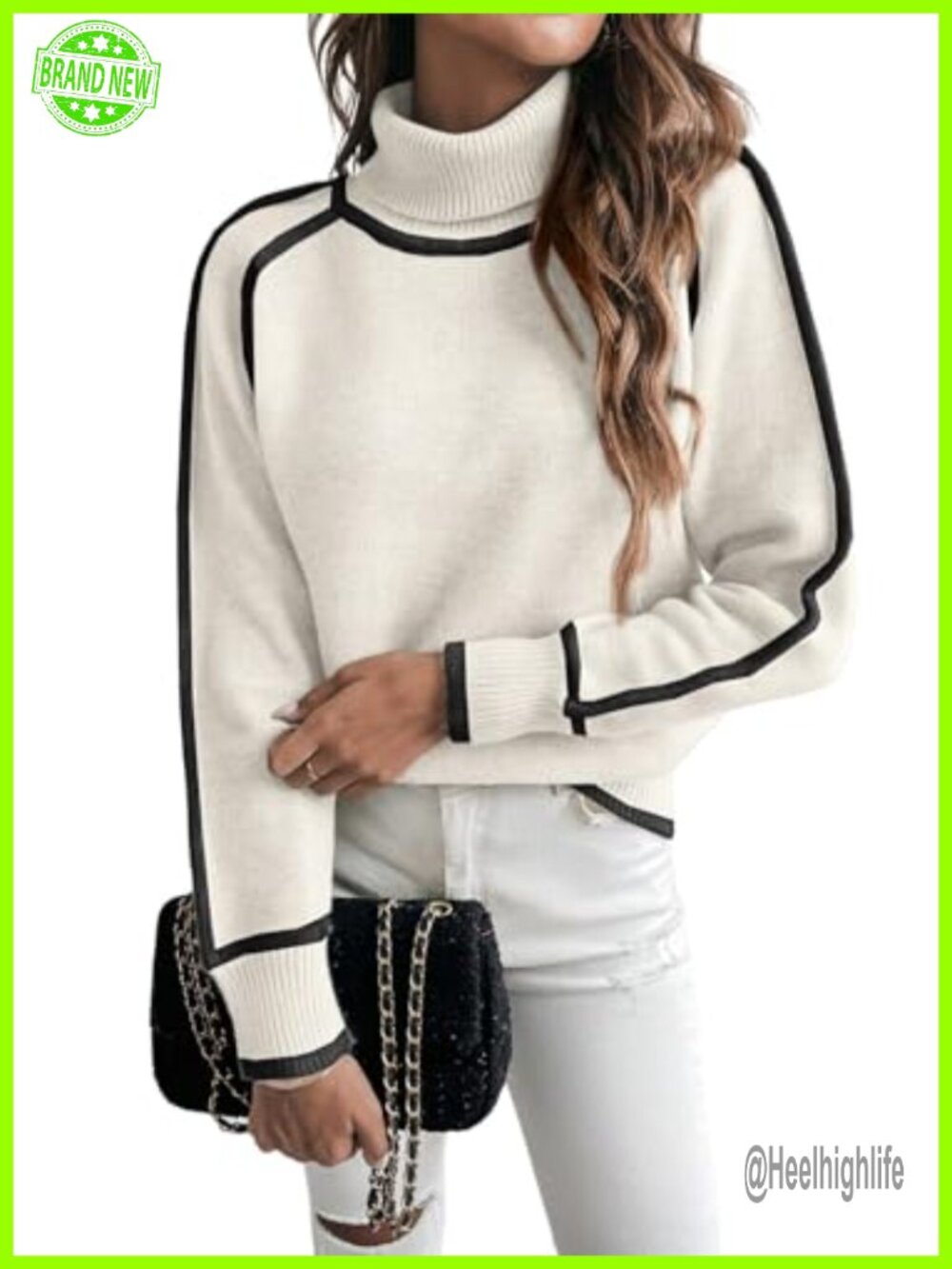 Women's Cozy Turtleneck Color Block Loose Fit Pullover Sweater